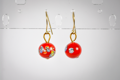 Vintage Dainty Red Abstract Floral Glass Bead Dangle Gold-Toned Earrings - Red Murrine Glass Bead Gold Dangles
