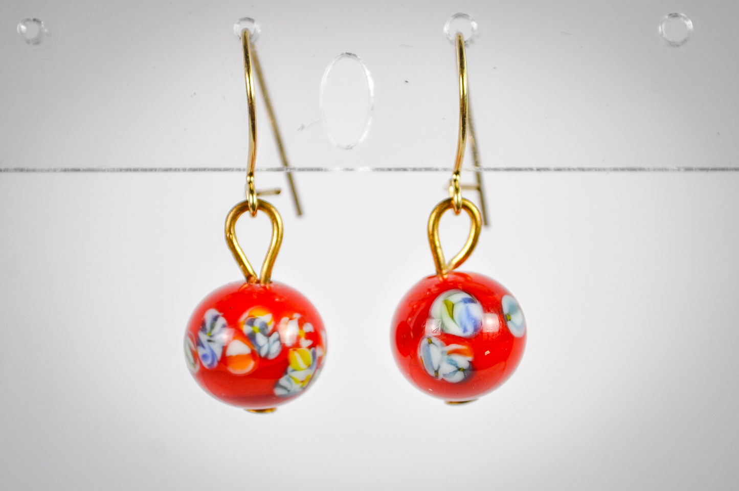 Vintage Dainty Red Abstract Floral Glass Bead Dangle Gold-Toned Earrings - Red Murrine Glass Bead Gold Dangles
