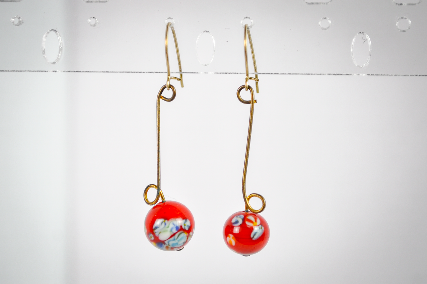 Vintage Red Graduated Abstract Floral Glass Bead Dangle Gold-Toned Earrings - Red Graduated Glass Bead Gold Dangles