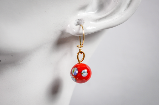 Vintage Dainty Red Abstract Floral Glass Bead Dangle Gold-Toned Earrings - Red Murrine Glass Bead Gold Dangles