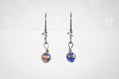 Vintage Chinese Floral Cloisonné Blue Bead Drop Earrings - Dainty Hand Painted Blue Floral Bead Dangle Earrings