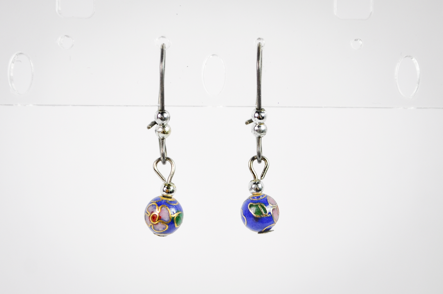 Vintage Chinese Floral Cloisonné Blue Bead Drop Earrings - Dainty Hand Painted Blue Floral Bead Dangle Earrings