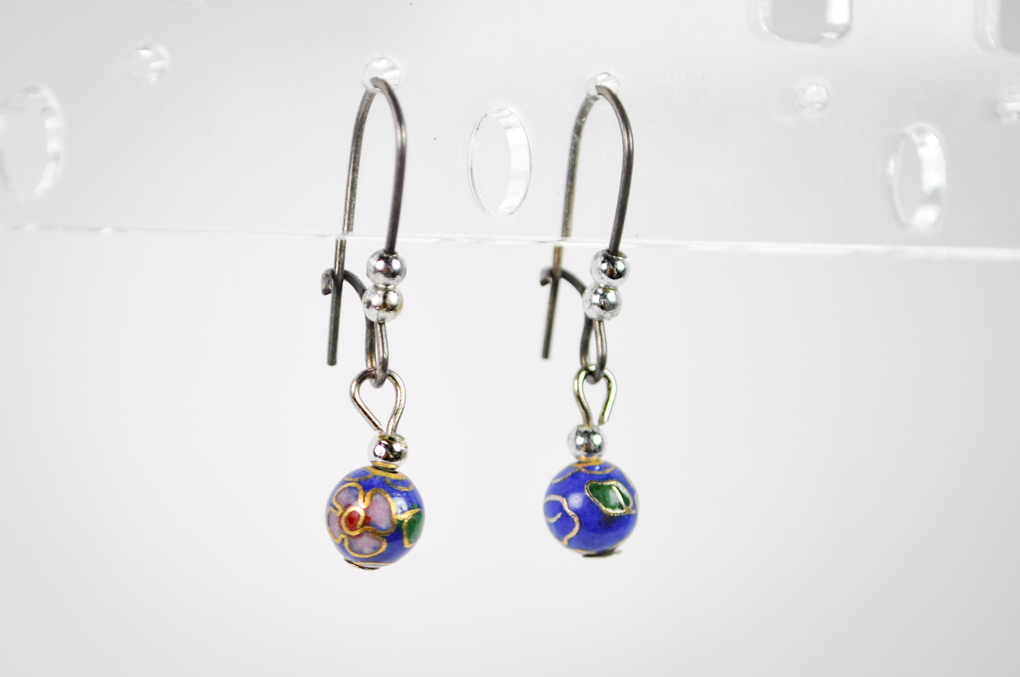Vintage Chinese Floral Cloisonné Blue Bead Drop Earrings - Dainty Hand Painted Blue Floral Bead Dangle Earrings