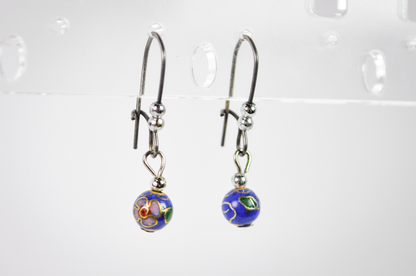 Vintage Chinese Floral Cloisonné Blue Bead Drop Earrings - Dainty Hand Painted Blue Floral Bead Dangle Earrings