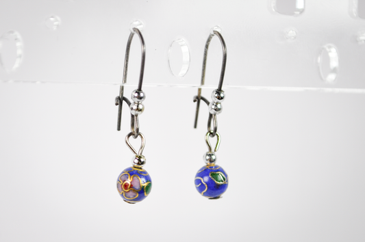 Vintage Chinese Floral Cloisonné Blue Bead Drop Earrings - Dainty Hand Painted Blue Floral Bead Dangle Earrings
