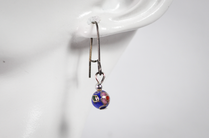 Vintage Chinese Floral Cloisonné Blue Bead Drop Earrings - Dainty Hand Painted Blue Floral Bead Dangle Earrings