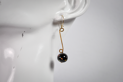 Vintage Black Graduated Abstract Floral Glass Bead Dangle Gold-Toned Earrings - Black Murrine Glass Bead Gold Dangles