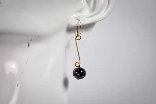 Vintage Black Graduated Abstract Floral Glass Bead Dangle Gold-Toned Earrings - Black Murrine Glass Bead Gold Dangles
