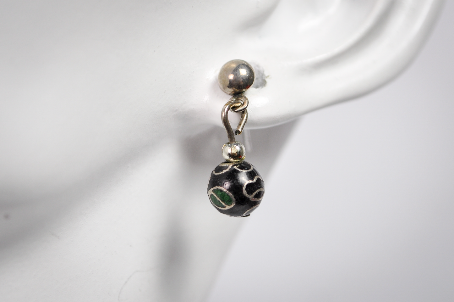 Vintage Chinese Floral Cloisonné Black Bead Drop Earrings - Dainty Hand Painted Black Floral Bead Dangle Earrings