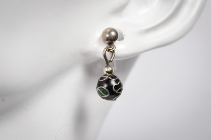 Vintage Chinese Floral Cloisonné Black Bead Drop Earrings - Dainty Hand Painted Black Floral Bead Dangle Earrings