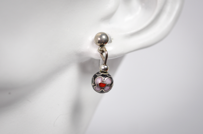 Vintage Chinese Floral Cloisonné Black Bead Drop Earrings - Dainty Hand Painted Black Floral Bead Dangle Earrings