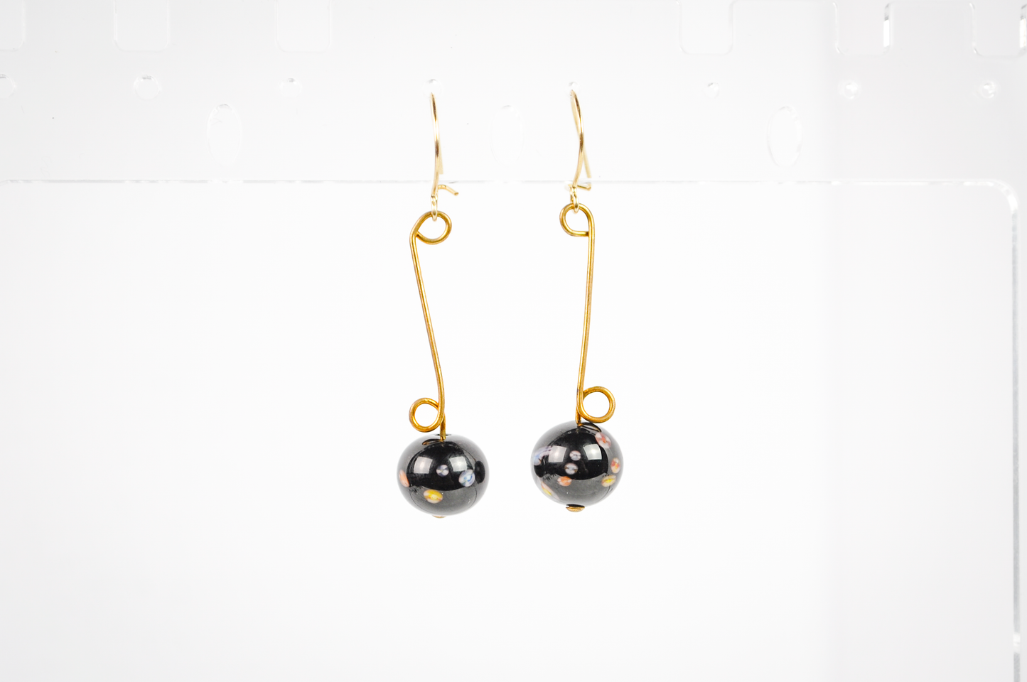 Vintage Black Graduated Abstract Floral Glass Bead Dangle Gold-Toned Earrings - Black Murrine Glass Bead Gold Dangles
