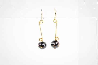 Vintage Black Graduated Abstract Floral Glass Bead Dangle Gold-Toned Earrings - Black Murrine Glass Bead Gold Dangles