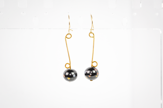 Vintage Black Graduated Abstract Floral Glass Bead Dangle Gold-Toned Earrings - Black Murrine Glass Bead Gold Dangles