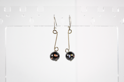 Vintage Black Graduated Abstract Floral Glass Bead Dangle Silver-Toned Earrings - Black Murrine Glass Bead Silver Dangles