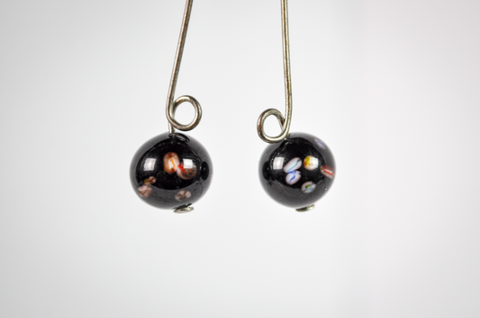 Vintage Black Graduated Abstract Floral Glass Bead Dangle Silver-Toned Earrings - Black Murrine Glass Bead Silver Dangles