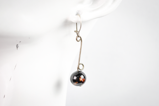 Vintage Black Graduated Abstract Floral Glass Bead Dangle Silver-Toned Earrings - Black Murrine Glass Bead Silver Dangles