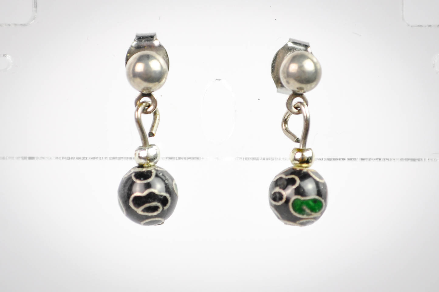 Vintage Chinese Floral Cloisonné Black Bead Drop Earrings - Dainty Hand Painted Black Floral Bead Dangle Earrings
