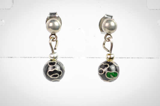 Vintage Chinese Floral Cloisonné Black Bead Drop Earrings - Dainty Hand Painted Black Floral Bead Dangle Earrings