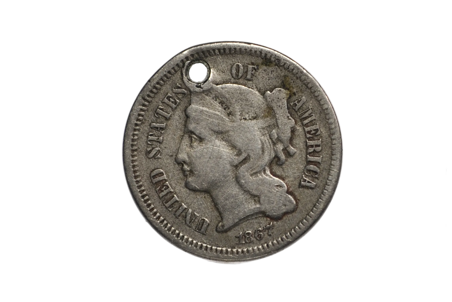 1867 Three Cent Nickel Holed For Charm Jewelry Authentic Antique US Coin Pendant - Holed 1867 US 3c Three Cent Nickel