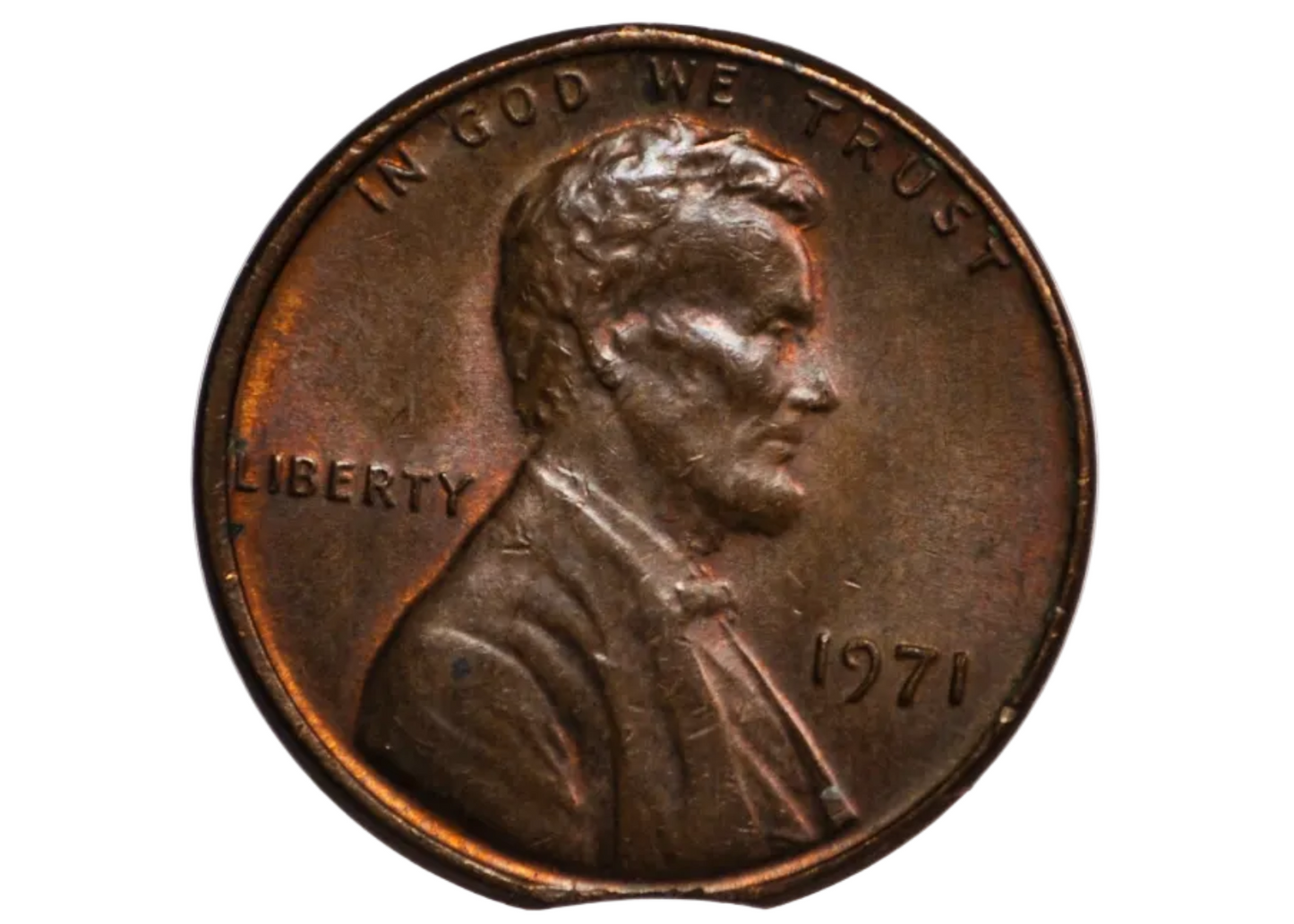 1971 United States Lincoln Penny Minor Planchet Clip - US One Cent 1971 Error Coin Curved Planchet Clip