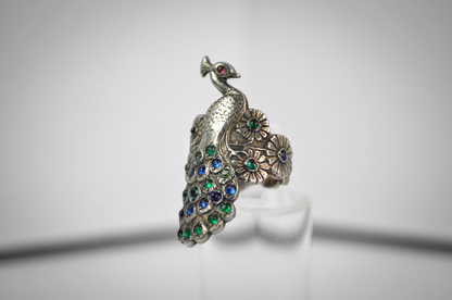 Vintage Sterling Silver Multicolor Peacock Statement Ring Size 3 - Dainty Vintage Sz 3 Peacock Sterling Ring