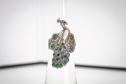 Vintage Sterling Silver Multicolor Peacock Statement Ring Size 3 - Dainty Vintage Sz 3 Peacock Sterling Ring