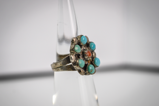 Vintage Native Turquoise Sterling Silver Cluster Flower Ring Size 4 - Native Turquoise & Coral Cluster Flower Sz 4