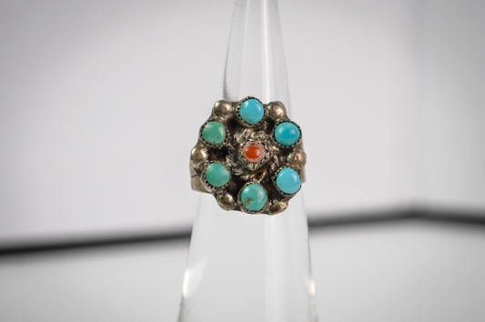 Vintage Native Turquoise Sterling Silver Cluster Flower Ring Size 4 - Native Turquoise & Coral Cluster Flower Sz 4