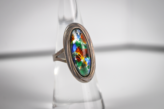 Vintage Sterling Silver Multicolored Oval-shaped Dichroic Glass Ring Size 6 - Multi-color Confetti Pattern Oval Glass Ring Sz 6py)
