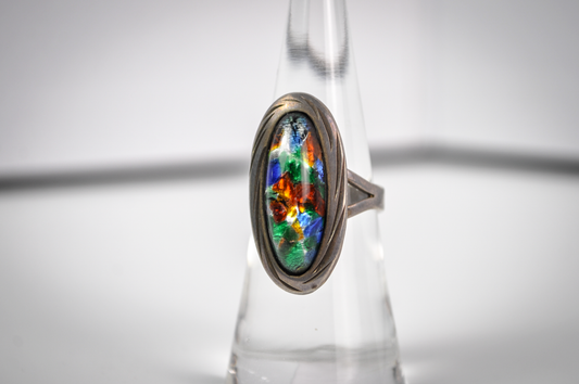 Vintage Sterling Silver Multicolored Oval-shaped Dichroic Glass Ring Size 6 - Multi-color Confetti Pattern Oval Glass Ring Sz 6py)