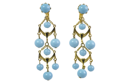 Turquoise Multi-Drop Statement Clip-On Earrings Gold-Toned - Beautiful Chandelier Blue & Gold-Toned Earrings