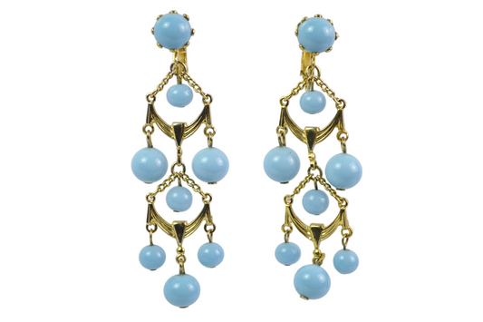 Turquoise Multi-Drop Statement Clip-On Earrings Gold-Toned - Beautiful Chandelier Blue & Gold-Toned Earrings