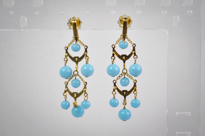 Turquoise Multi-Drop Statement Clip-On Earrings Gold-Toned - Beautiful Chandelier Blue & Gold-Toned Earrings