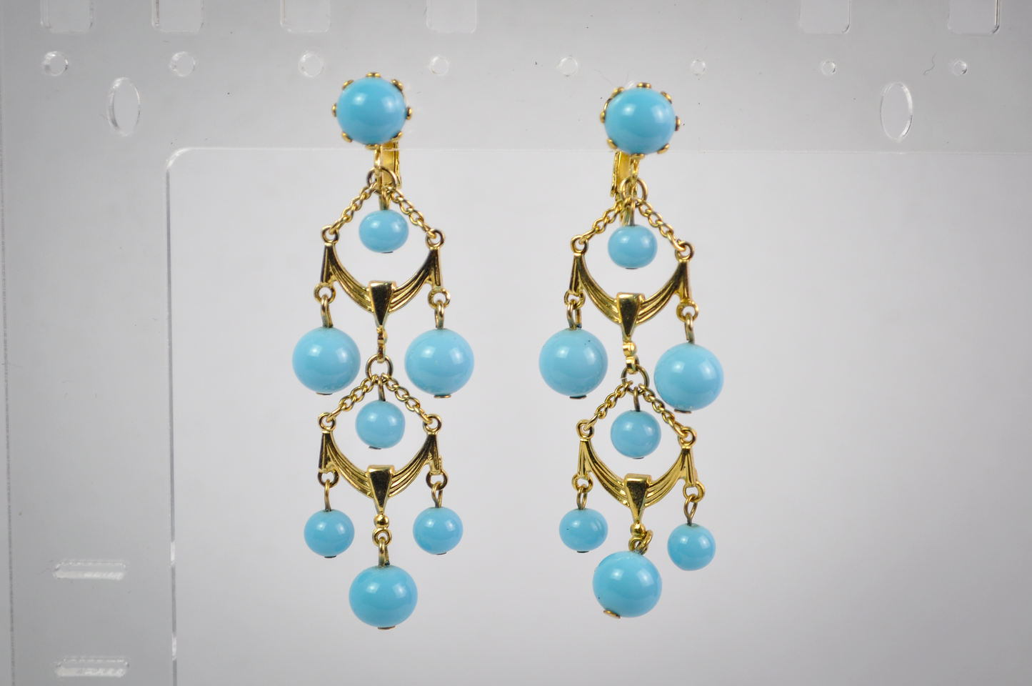 Turquoise Multi-Drop Statement Clip-On Earrings Gold-Toned - Beautiful Chandelier Blue & Gold-Toned Earrings
