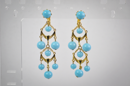 Turquoise Multi-Drop Statement Clip-On Earrings Gold-Toned - Beautiful Chandelier Blue & Gold-Toned Earrings