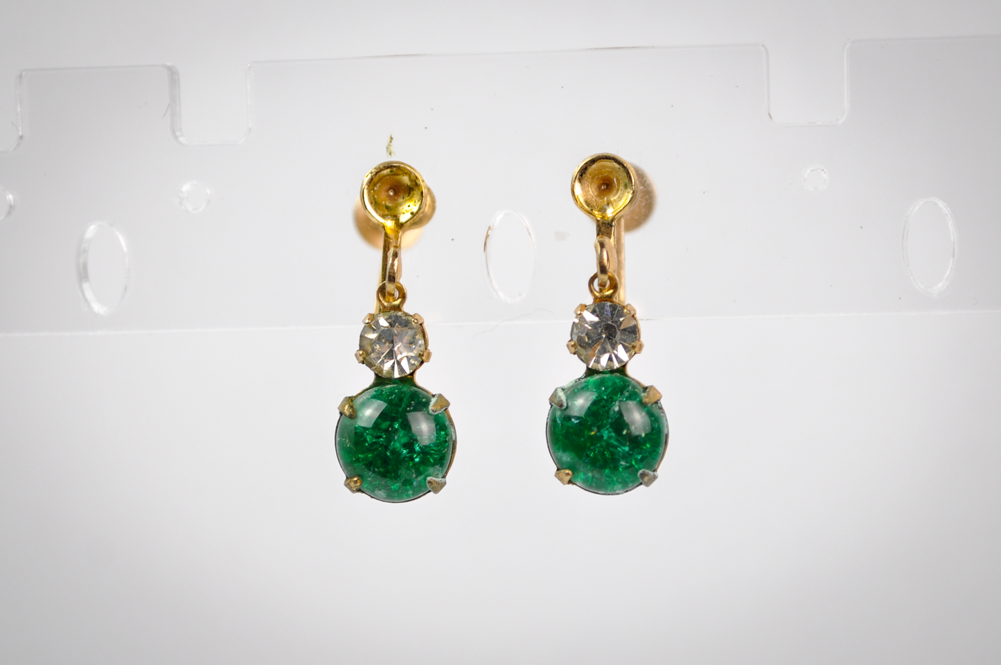 Vintage Costume Green Foil Glass Clip-On Earrings Gold-Toned - Stunning Cabochon Green & White Glass Gemstones & Gold-Toned Earrings