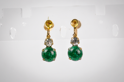 Vintage Costume Green Foil Glass Clip-On Earrings Gold-Toned - Stunning Cabochon Green & White Glass Gemstones & Gold-Toned Earrings