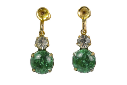Vintage Costume Green Foil Glass Clip-On Earrings Gold-Toned - Stunning Cabochon Green & White Glass Gemstones & Gold-Toned Earrings