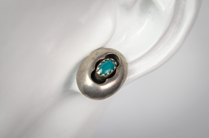 Vintage Sterling Silver Native American Turquoise Shadowbox Stud Earring's - Dainty Turquoise Stud Earrings