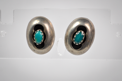 Vintage Sterling Silver Native American Turquoise Shadowbox Stud Earring's - Dainty Turquoise Stud Earrings