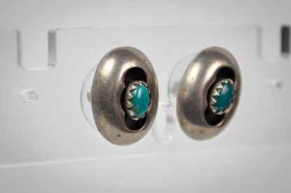 Vintage Sterling Silver Native American Turquoise Shadowbox Stud Earring's - Dainty Turquoise Stud Earrings