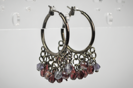 Vintage Purple Beaded Hoop Cluster Earrings - Bohemian-style Purple Cluster Drop Beads Hoop Earrings