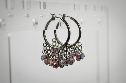 Vintage Purple Beaded Hoop Cluster Earrings - Bohemian-style Purple Cluster Drop Beads Hoop Earrings
