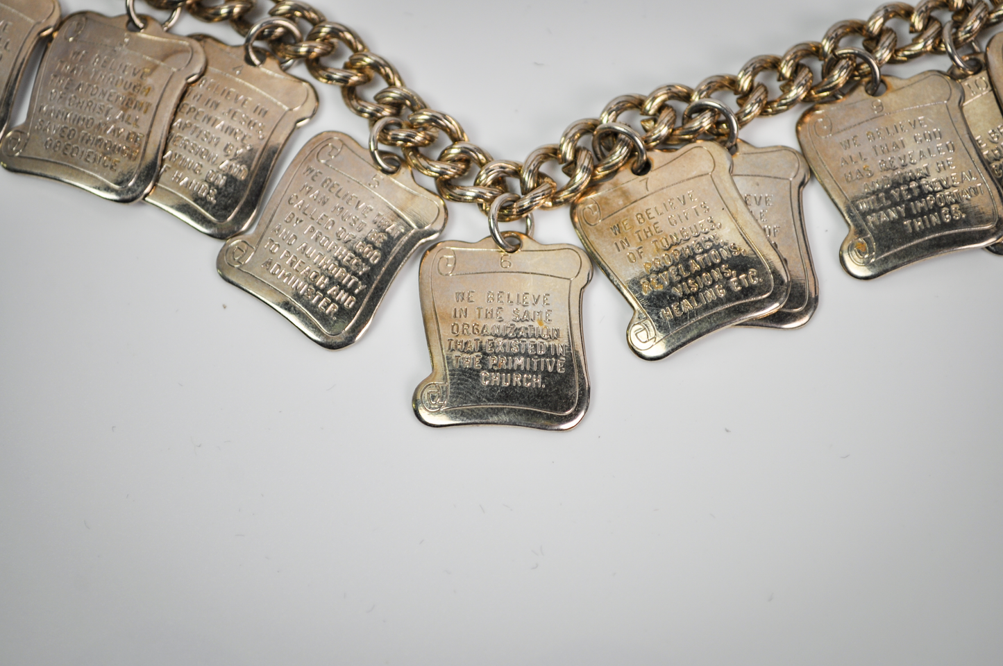 Vintage 1960's Bracelet 12 Articles of Faith Gold Tone Square Charms - The Twelve Articles of Faith Gold Toned Christian Charm Bracelet