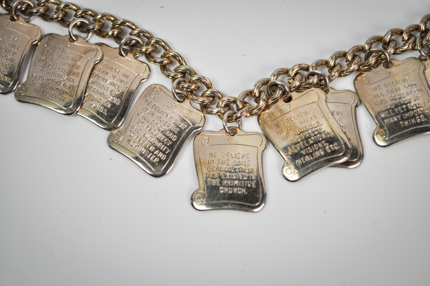Vintage 1960's Bracelet 12 Articles of Faith Gold Tone Square Charms - The Twelve Articles of Faith Gold Toned Christian Charm Bracelet
