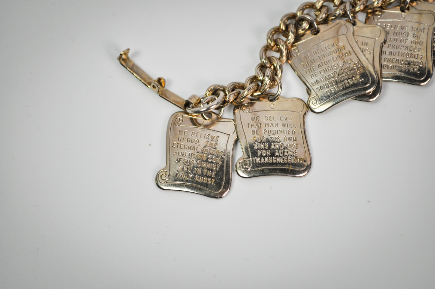 Vintage 1960's Bracelet 12 Articles of Faith Gold Tone Square Charms - The Twelve Articles of Faith Gold Toned Christian Charm Bracelet