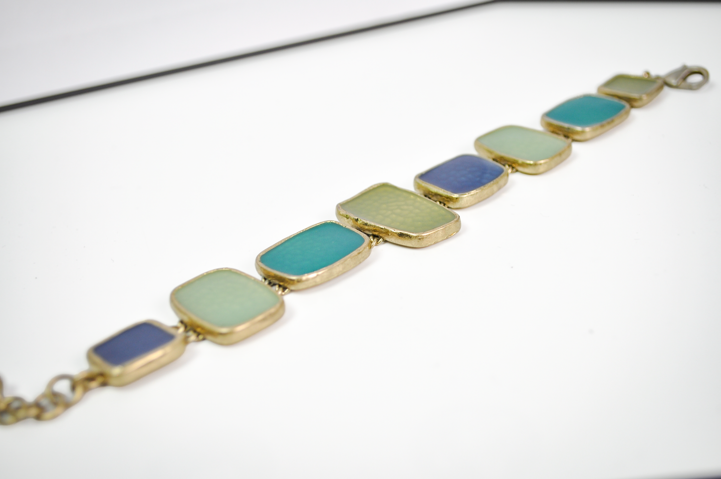 Chunky Gold-Tone Link Bracelet Blue/Green Sea Glass - Multicolored Sea Glass Gold Toned Costume Bracelet