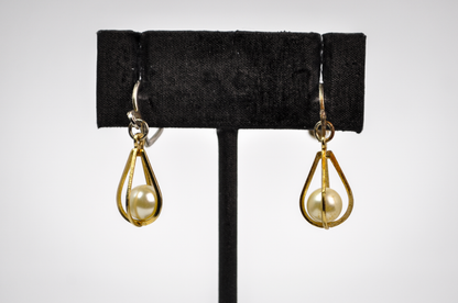 Vintage Caged Faux Pearl Dangle Drop Earrings Gold Tone - Faux Pearl Caged Screw-back Dangle Earrings