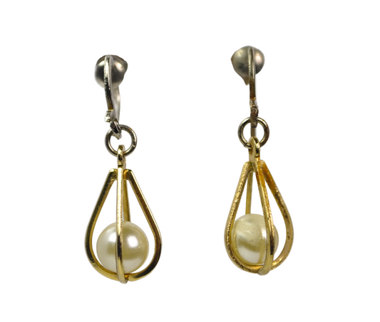 Vintage Caged Faux Pearl Dangle Drop Earrings Gold Tone - Faux Pearl Caged Screw-back Dangle Earrings
